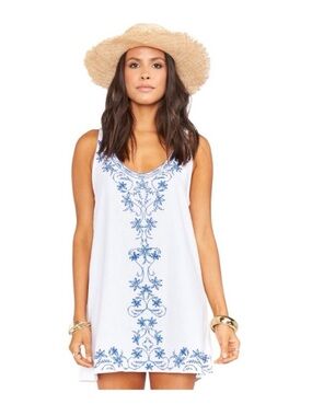 Show Me Your Mumu Tia Tunic Dress Medium White Linen Blue Embroidered Boho